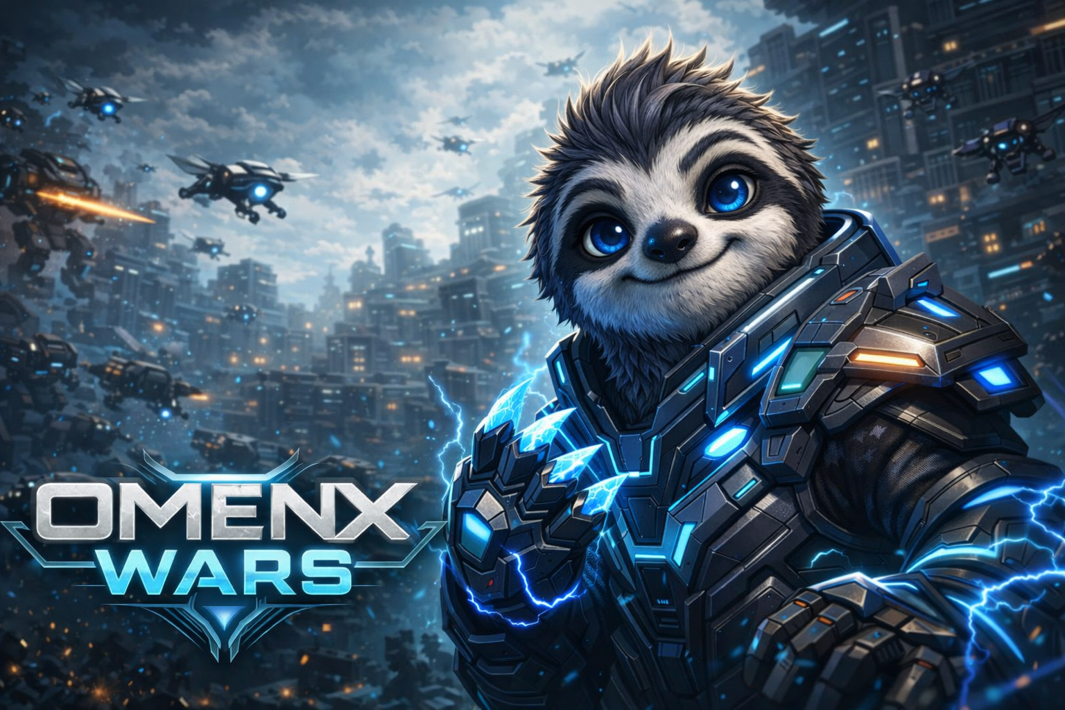 Armored OMENX Wars pilot in a futuristic battlefield
